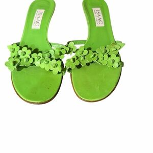 Isaac  Bright Green Floral Appliqué Slide Sandals